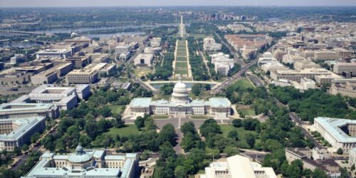 Aerial view of buildings in a city, Washington DC, USA